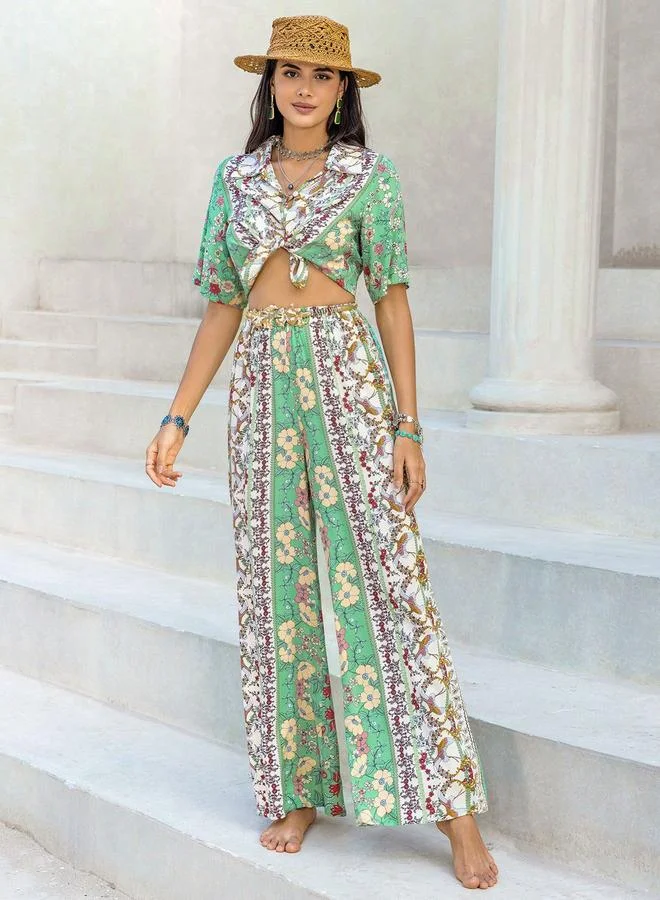 Take Two Take Two Floral Printed Tie-Up Blouse with Wide Leg Pants Co-Ords
