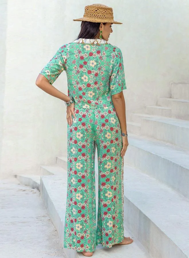 Take Two Take Two Floral Printed Tie-Up Blouse with Wide Leg Pants Co-Ords