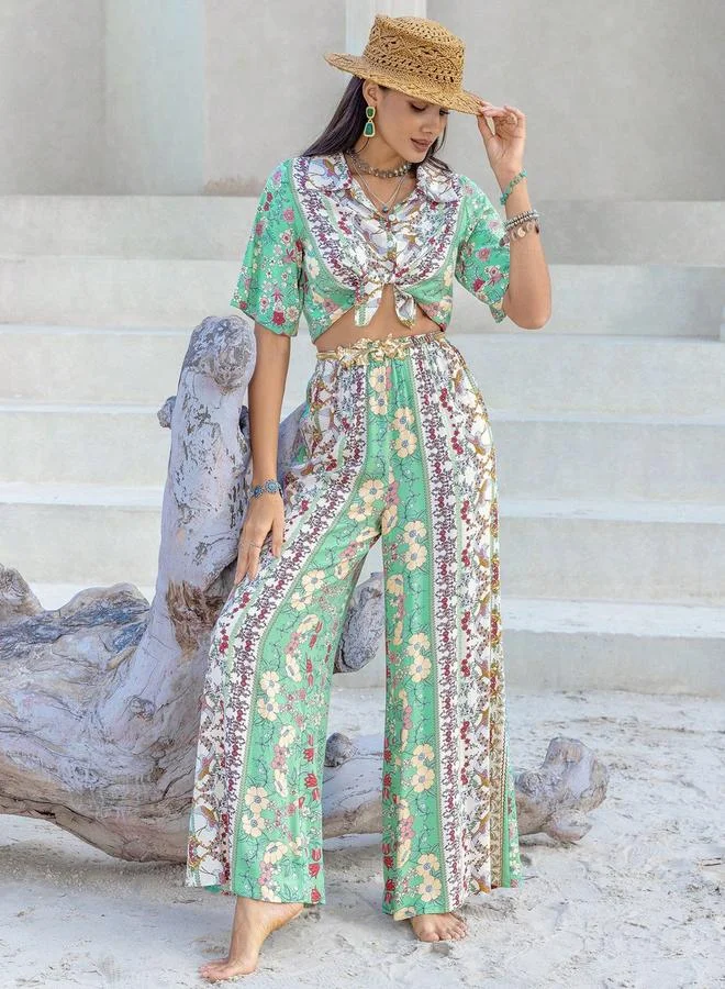 Take Two Take Two Floral Printed Tie-Up Blouse with Wide Leg Pants Co-Ords