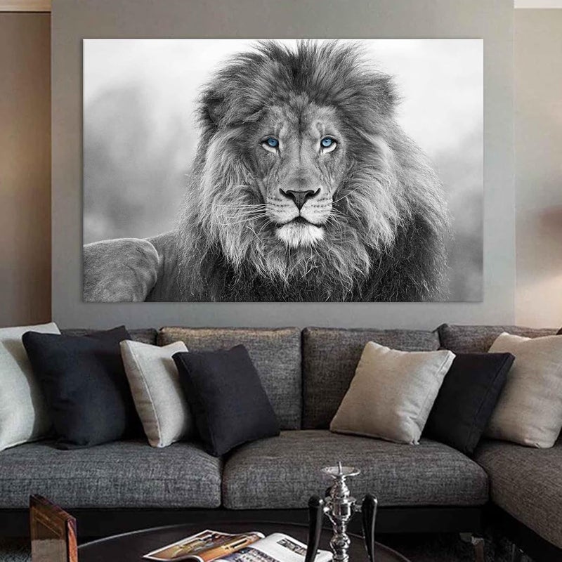 Wallvelart Lion Canvas Wall Art Black and White Poster Prints - Wild Animal Pictures Abstract Painting - Blue Eyed Canvas Artwork 16x24inch No Frame - Image 1