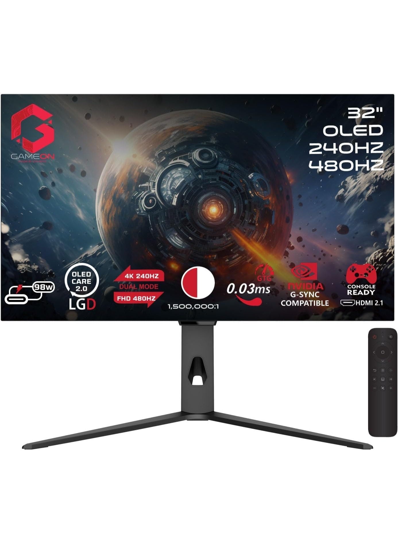 32″ OLED Gaming Monitor, 4K 240Hz / FHD 480Hz, 0.03ms, HDMI 2.1, DP 1.4, USB-C 90W, HDR10, FreeSync, G-Sync, 10-Bit, 98.5% DCI-P3, KVM, RGB, Adjustable Stand black