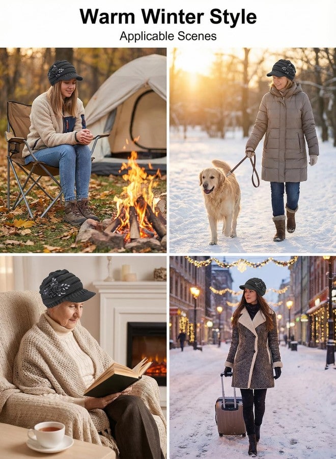 Caviotess C-US Women Winter Warm Knit Hat Crochet Visor Brim Cap with Flower Accent Dark Gray - Image 5