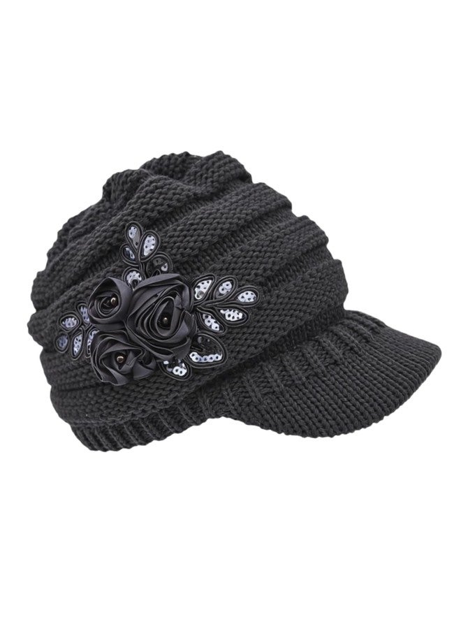 Caviotess C-US Women Winter Warm Knit Hat Crochet Visor Brim Cap with Flower Accent Dark Gray - Image 1