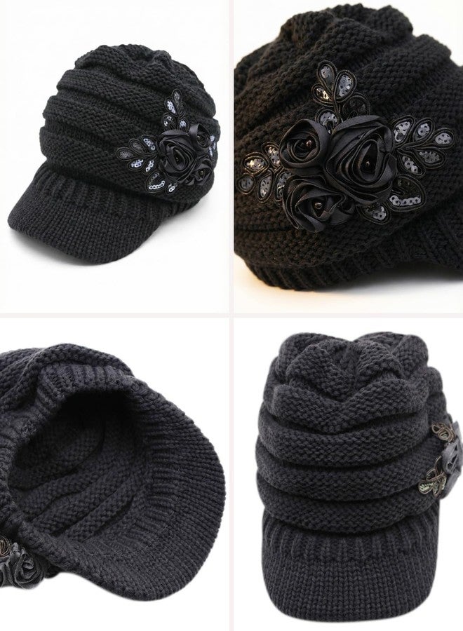 Caviotess C-US Women Winter Warm Knit Hat Crochet Visor Brim Cap with Flower Accent Dark Gray - Image 2