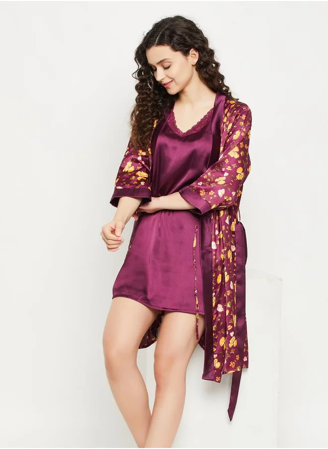 كلوفيا Clovia Floral Print 3/4 Sleeves Satin Robe with Tie Detail