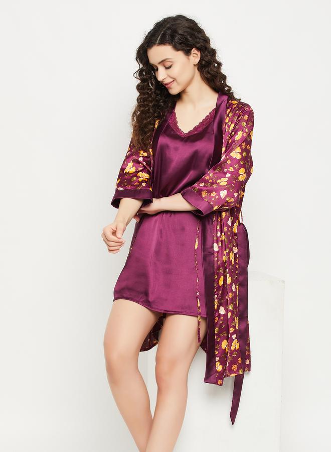 Clovia Floral Print 3/4 Sleeves Satin Robe with Tie Detail - Image 1