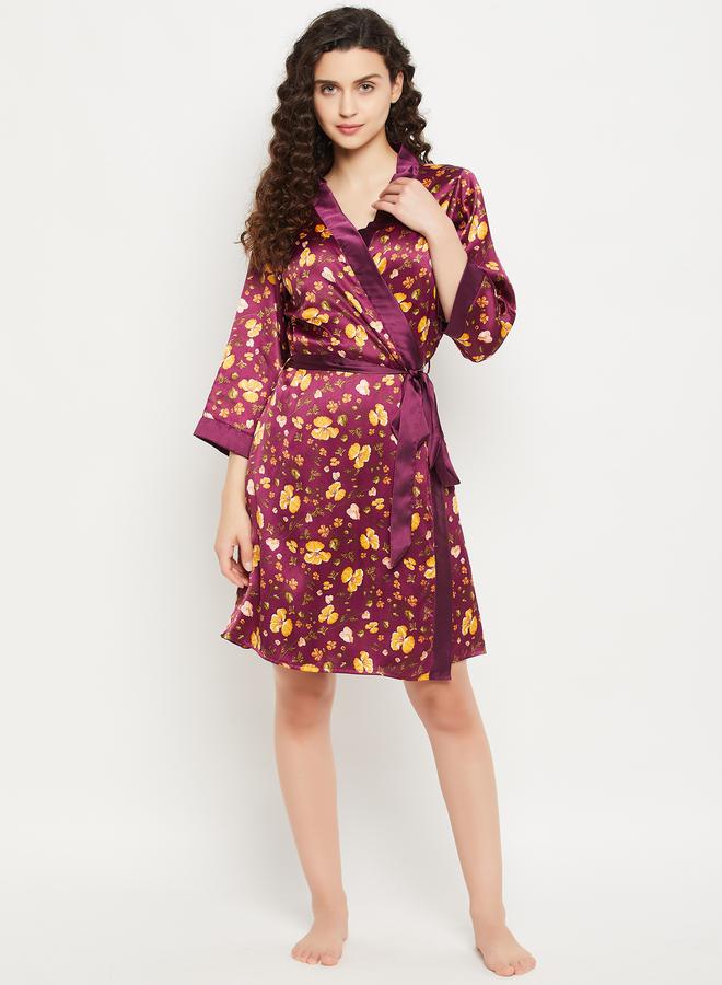 Clovia Floral Print 3/4 Sleeves Satin Robe with Tie Detail - Image 3