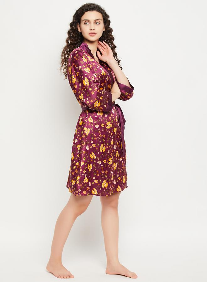 Clovia Floral Print 3/4 Sleeves Satin Robe with Tie Detail - Image 5