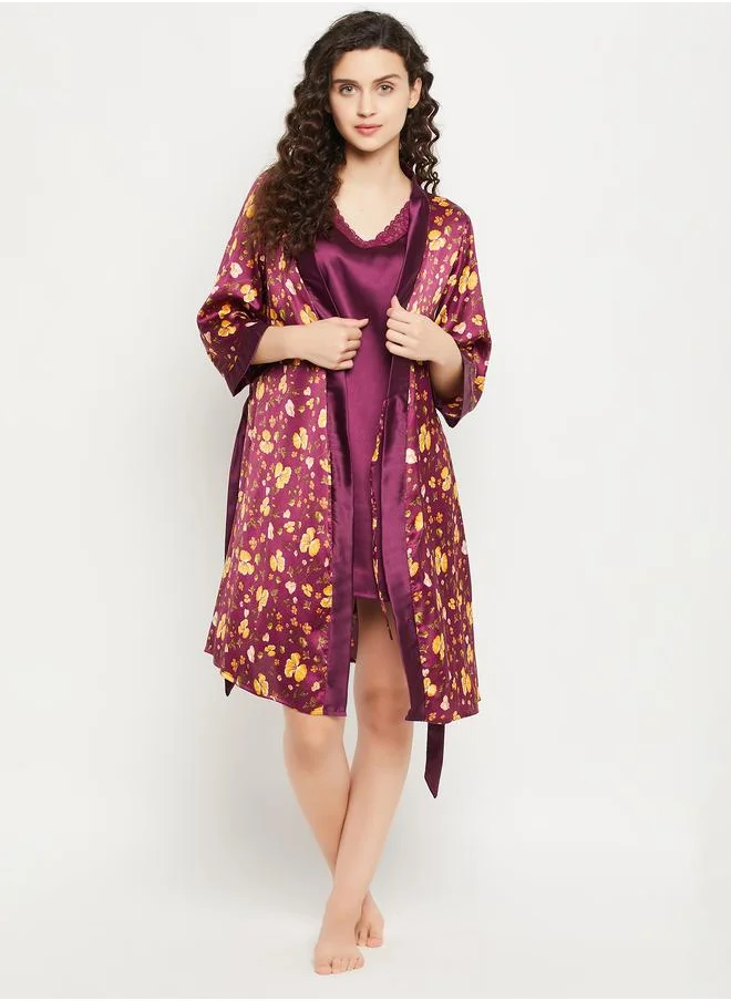 كلوفيا Clovia Floral Print 3/4 Sleeves Satin Robe with Tie Detail