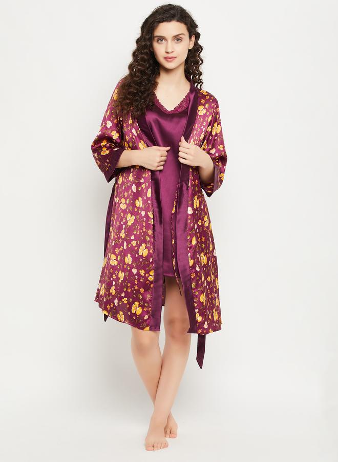 Clovia Floral Print 3/4 Sleeves Satin Robe with Tie Detail - Image 2