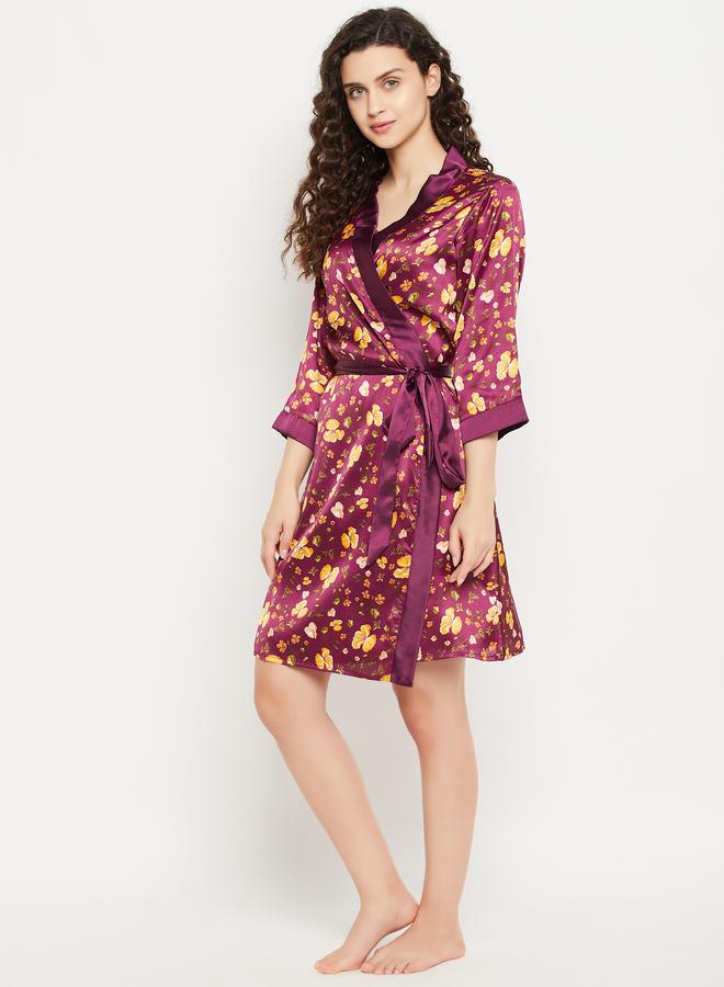 Clovia Floral Print 3/4 Sleeves Satin Robe with Tie Detail - Image 4