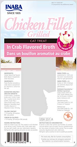 INABA Premium Hand-Cut Grilled Chicken Fillet Cat Treats/Topper with Vitamin E and Green Tea Extract, 0.9 Ounces Each, Pack of 6, Crab Broth - Image 2