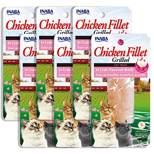 INABA Premium Hand-Cut Grilled Chicken Fillet Cat Treats/Topper with Vitamin E and Green Tea Extract, 0.9 Ounces Each, Pack of 6, Crab Broth - Image 1
