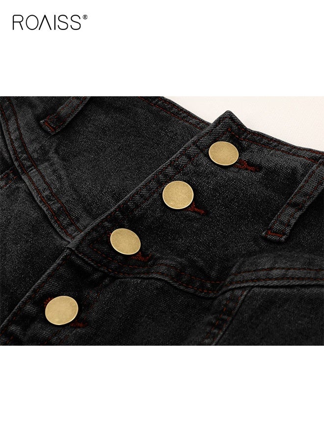 رويس تنورة جينز طويلة ماكسي للنساء بتصميم ريترو مع أزرار وسحاب جانبي، تنورة ماكسي عالية الخصر للنساء، تنورة جينز طويلة أنيقة بتصميم كاجوال - Image 3