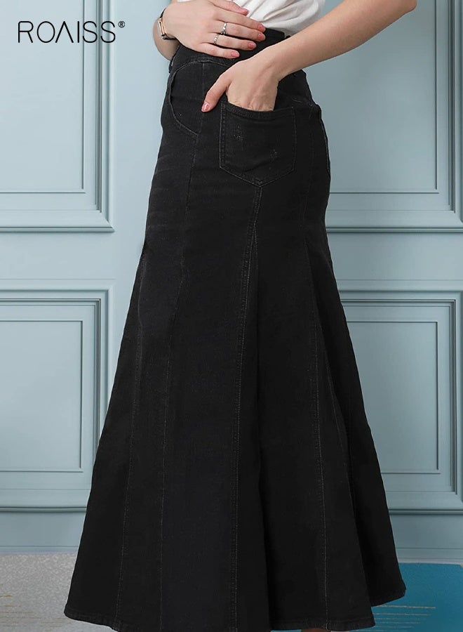 رويس تنورة جينز طويلة ماكسي للنساء بتصميم ريترو مع أزرار وسحاب جانبي، تنورة ماكسي عالية الخصر للنساء، تنورة جينز طويلة أنيقة بتصميم كاجوال - Image 4