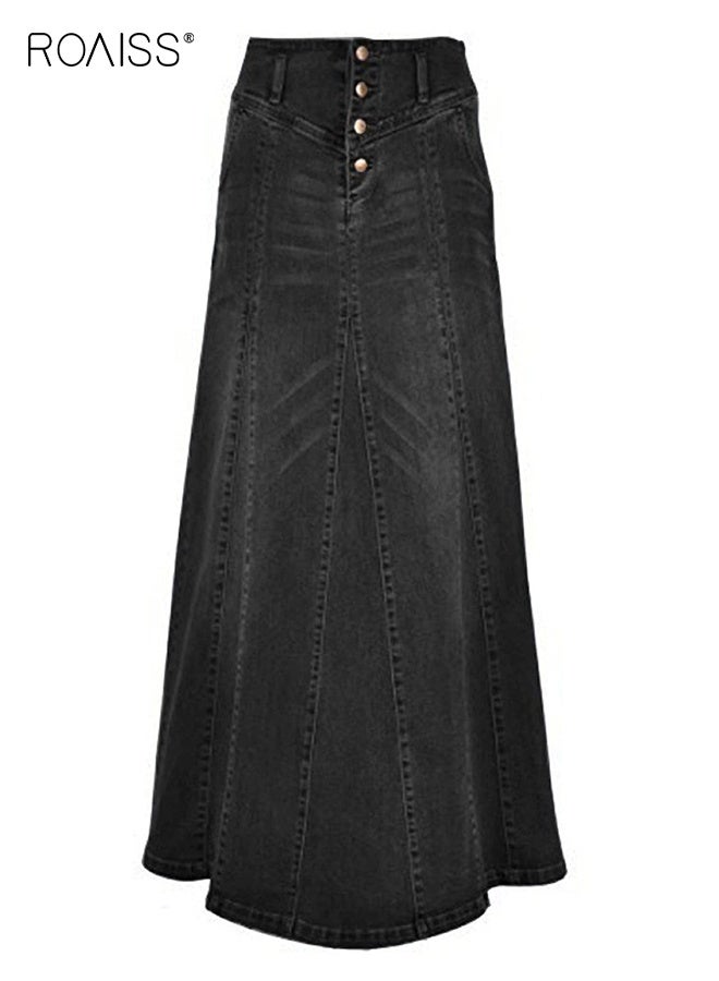 رويس تنورة جينز طويلة ماكسي للنساء بتصميم ريترو مع أزرار وسحاب جانبي، تنورة ماكسي عالية الخصر للنساء، تنورة جينز طويلة أنيقة بتصميم كاجوال - Image 1