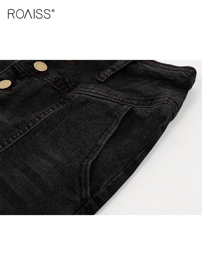 رويس تنورة جينز طويلة ماكسي للنساء بتصميم ريترو مع أزرار وسحاب جانبي، تنورة ماكسي عالية الخصر للنساء، تنورة جينز طويلة أنيقة بتصميم كاجوال - Image 2