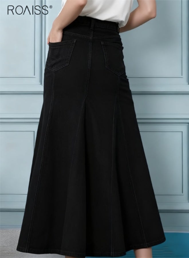 رويس تنورة جينز طويلة ماكسي للنساء بتصميم ريترو مع أزرار وسحاب جانبي، تنورة ماكسي عالية الخصر للنساء، تنورة جينز طويلة أنيقة بتصميم كاجوال - Image 5