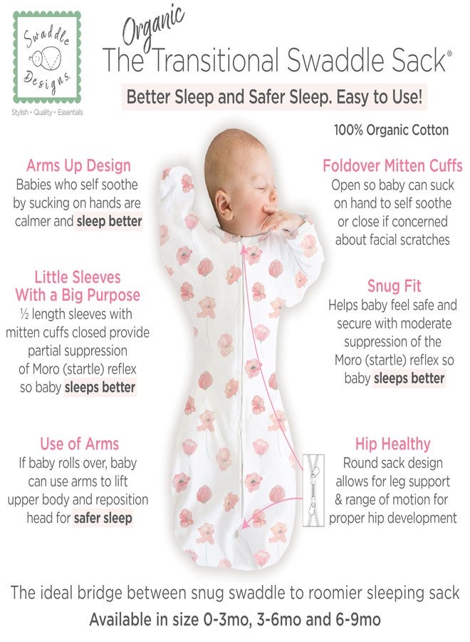 سوادل ديزاينز كيس لفّ الأطفال العضوي الانتقالي من SwaddleDesigns، لفّ للذراعين مع أكمام نصفية وأساور على شكل قفازات، متوسط، من 3 إلى 6 أشهر، من 14 إلى 21 رطلاً، ألوان مائية خوخية وردية مزينة بزهر الخشخاش - Image 2