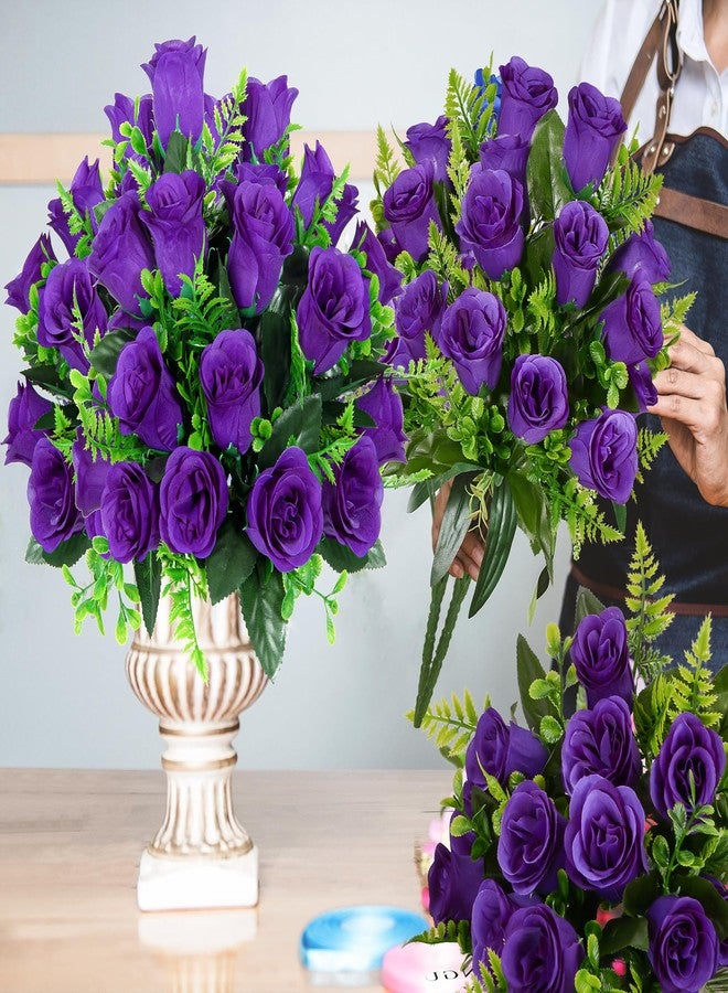 XONOR Artificial Rose Flowers - 4Bouquets Realistic Fake Silk Roses for Wedding Party Home Centerpieces Office DIY Cemetery Grave Decoration (Pack of 4, Purple) - Image 4