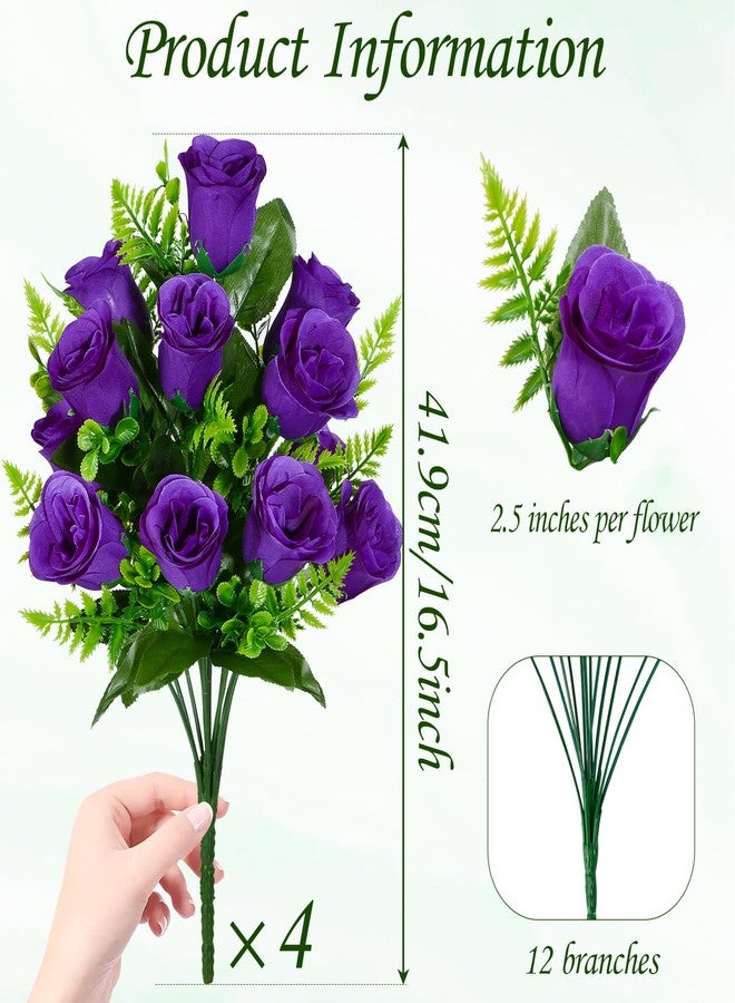 XONOR Artificial Rose Flowers - 4Bouquets Realistic Fake Silk Roses for Wedding Party Home Centerpieces Office DIY Cemetery Grave Decoration (Pack of 4, Purple) - Image 2