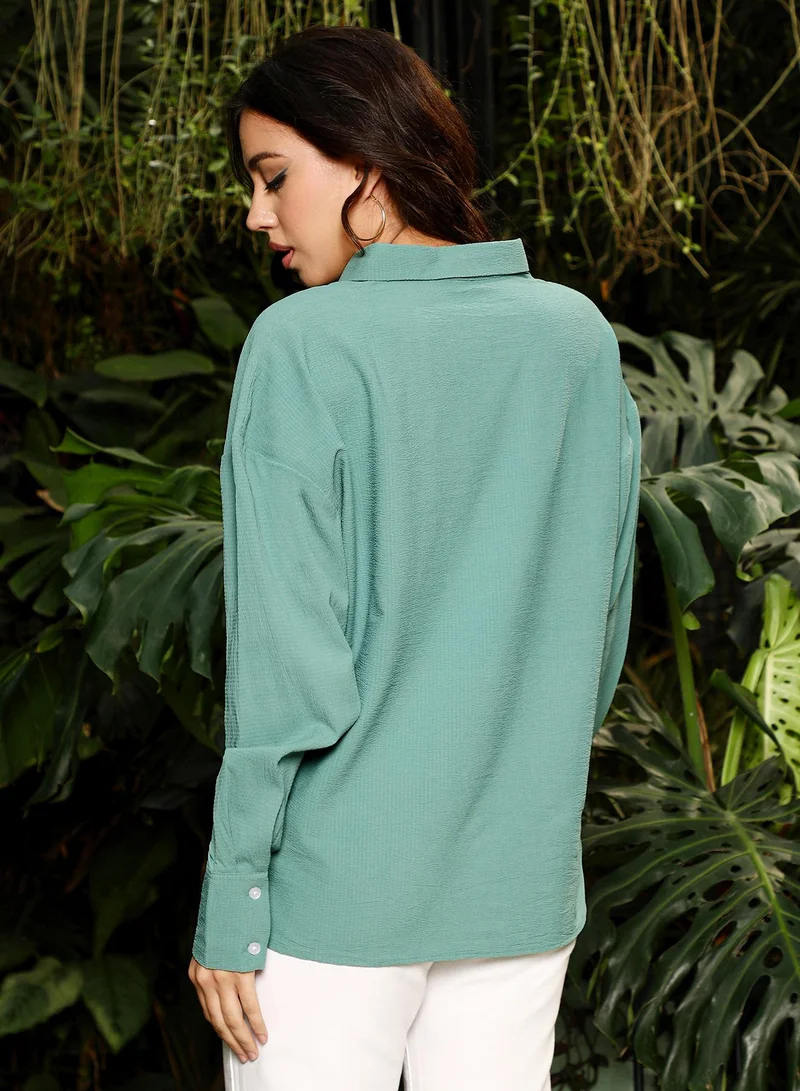 Pinacolada  Women's Mint Green Lined-Tactile Oversized Shirt | نساء | أكمام طويلة | سادة | طوق منتشر | كاجوال كبير الحجم | قميص for Women | Best Price UAE