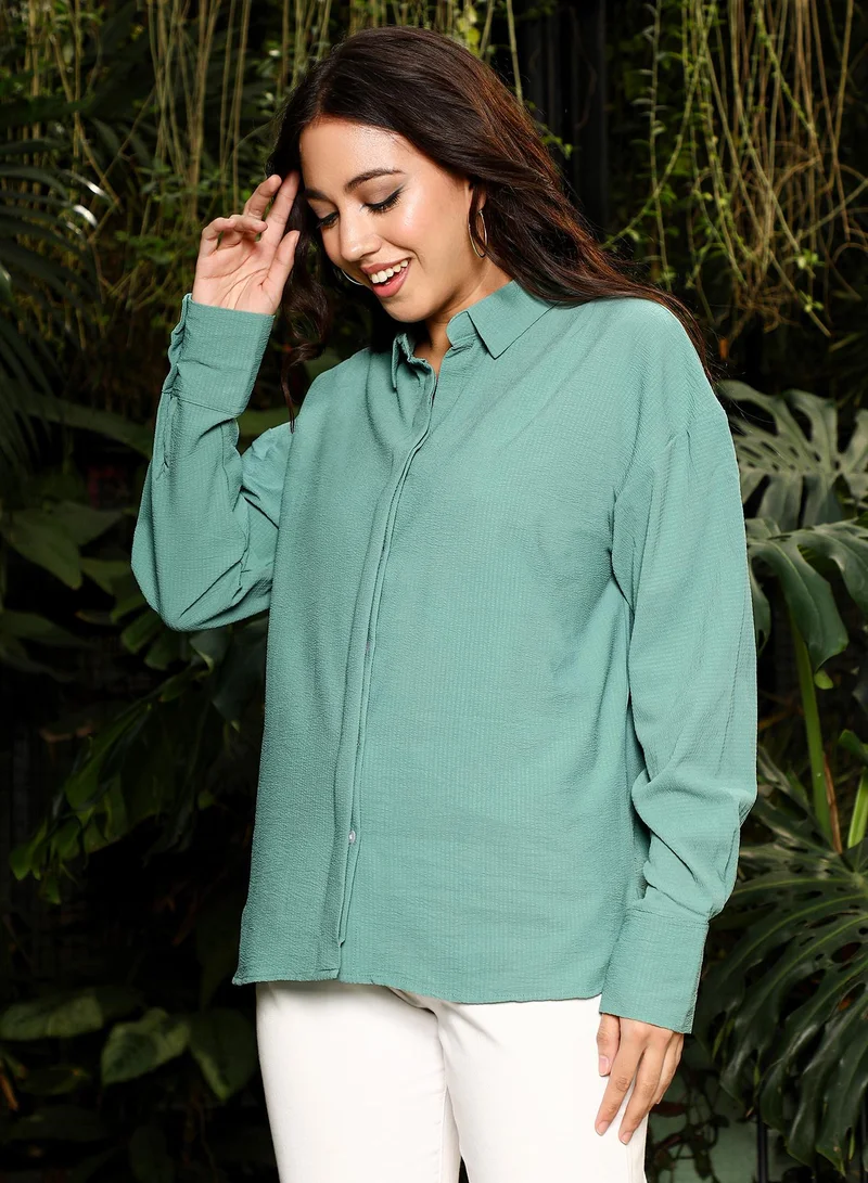 Pinacolada  Women's Mint Green Lined-Tactile Oversized Shirt | نساء | أكمام طويلة | سادة | طوق منتشر | كاجوال كبير الحجم | قميص for Women | Best Price UAE
