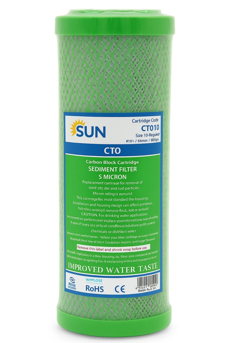 Sun Carbon Block Cartridge Carbon Water Filter Cartridge 5 Micron 10" for any Standard 10 Inches Reverse Osmosis System (RO Unit), Sediment Filtration, Under Sink Water Filter System  - Image 1