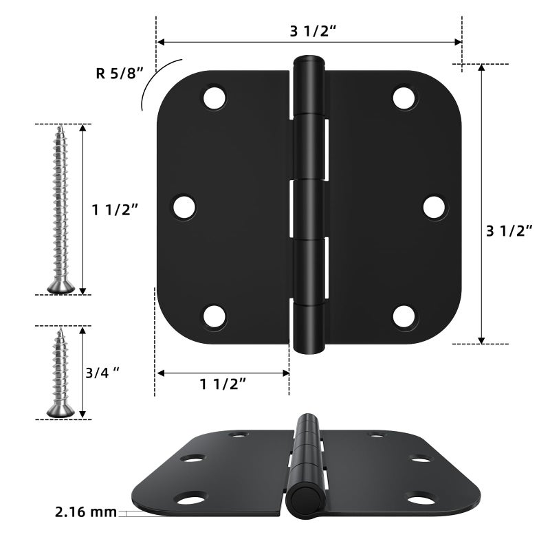 HOSOM 3 Pack Rounded Matte Black Door Hinges 3.5 X 3.5 Inch With 5/8 Radius Black 3 1/2 Interior Door Hinges 3 ?""X 3 ?"" Hardware - Image 2