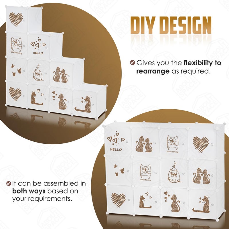 ABOUT SPACE خزانة ملابس قابلة للطي ABOUT SPACE 12 مكعب بلاستيكي مع أبواب مطبوعة و 2 شماعة ملابس ومغناطيس باب ومطرقة خزانة قابلة للطي للتخزين في المنزل باللون الأبيض - Image 5