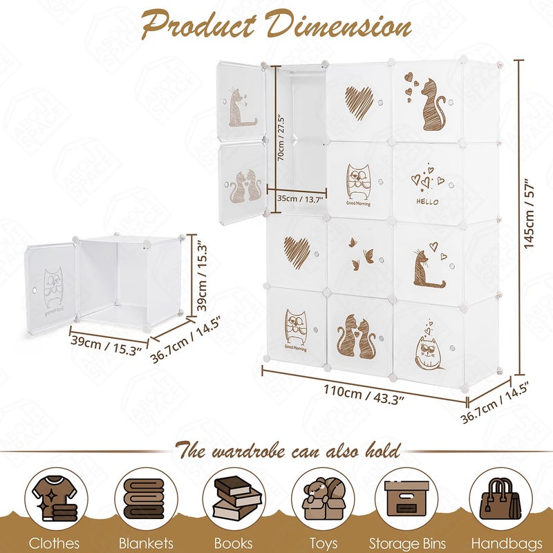 ABOUT SPACE خزانة ملابس قابلة للطي ABOUT SPACE 12 مكعب بلاستيكي مع أبواب مطبوعة و 2 شماعة ملابس ومغناطيس باب ومطرقة خزانة قابلة للطي للتخزين في المنزل باللون الأبيض - Image 2