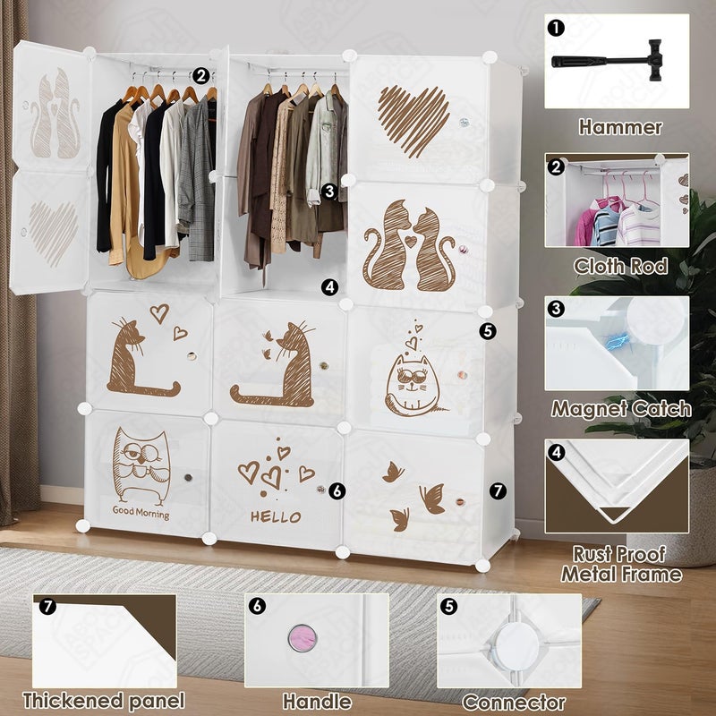 ABOUT SPACE خزانة ملابس قابلة للطي ABOUT SPACE 12 مكعب بلاستيكي مع أبواب مطبوعة و 2 شماعة ملابس ومغناطيس باب ومطرقة خزانة قابلة للطي للتخزين في المنزل باللون الأبيض - Image 3