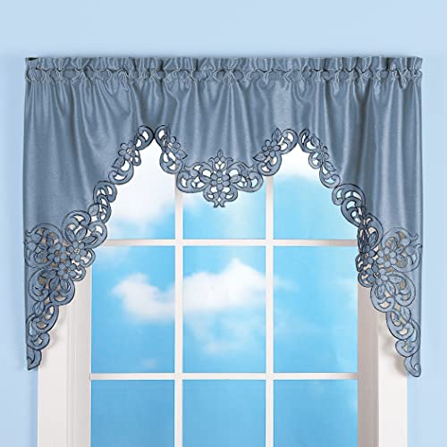Collections Etc Elegant Cut Out and Embroidered Scroll Window Valance with Rod Pocket Top for Easy Hanging, Blue, 58" X 36" - Image 2