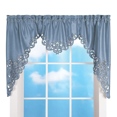 Collections Etc Elegant Cut Out and Embroidered Scroll Window Valance with Rod Pocket Top for Easy Hanging, Blue, 58" X 36" - Image 1