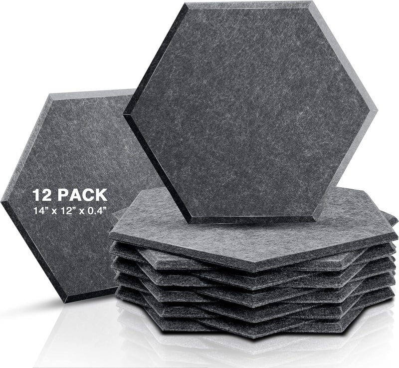 Sonic Acoustics حزمة من 12 لوحة صوتية هكسائية من ، مقاسات 14" × 12" × 0.4"، عالية الكثافة، تمتص الصوت، عازلة للصوت، بحواف مائلة، للاستخدام في الاستوديوهات، لون رمادي داكن - Image 1
