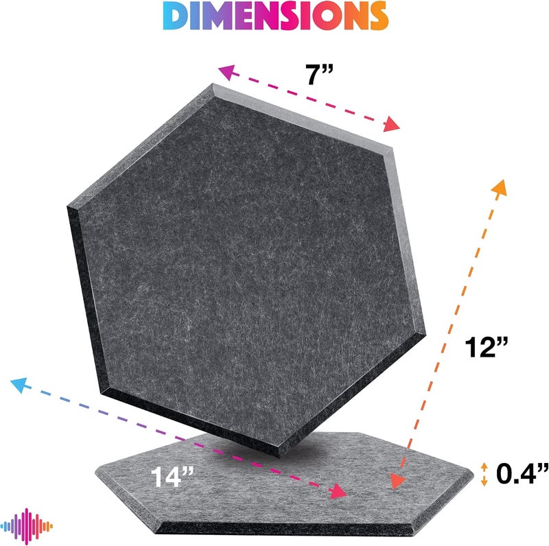 Sonic Acoustics حزمة من 12 لوحة صوتية هكسائية من ، مقاسات 14" × 12" × 0.4"، عالية الكثافة، تمتص الصوت، عازلة للصوت، بحواف مائلة، للاستخدام في الاستوديوهات، لون رمادي داكن - Image 4