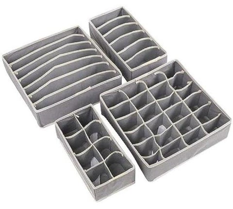 4 Pack Gray Folding Closet Underwear Wardrobe Closet Organizer Drawer Divider Storage Boxes For Underwear Bra Sock Ties Scarves 6/7/8/24 Cells Non-Woven Moisture-Proof Fabric