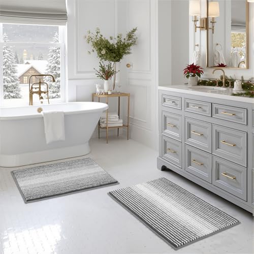 BSICPRO Bathroom Rugs and Mats Sets, 2 Piece Thick Absorbent Chenille Bath Mat Rug Set Non Slip, Soft Shaggy Room Floor for Bathroom, Machine Washable (20" x 32" Plus 16" 24", Gray) - Image 1