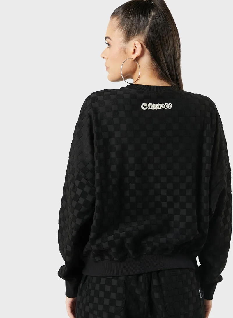 Mini Cream Checkered Printed Sweatshirt