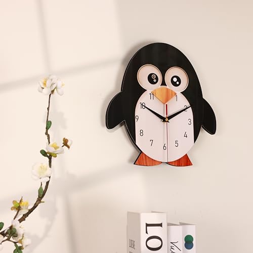 De'rons Decorative Silent Non-Ticking Cartoon Wall Clock for Kids Room Bedrooms Classrooms Playrooms Nursery School Wall Decor Washable Without Glass Clocks for Child Room 29.5 x 29.5 Cm (Penguin) - Image 1