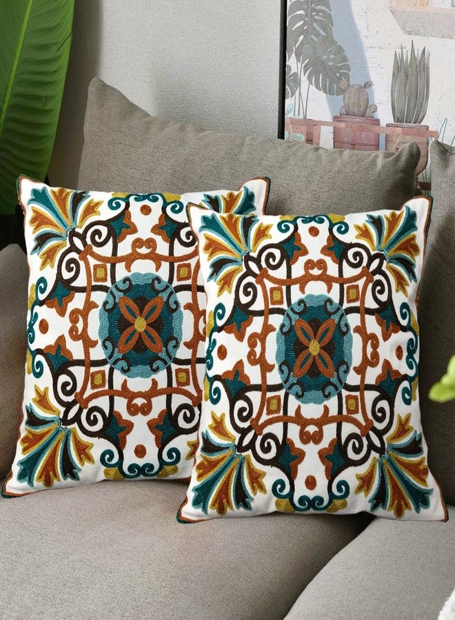 Alysheer Floral Embroidered Fall Decorative Throw Pillow Cover 18"x 18" Set of 2, Boho Farmhouse Embroidery Patterned Orange Teal Cushion Case for Sofa Couch Living Room Bedroom Outdoor - Image 5