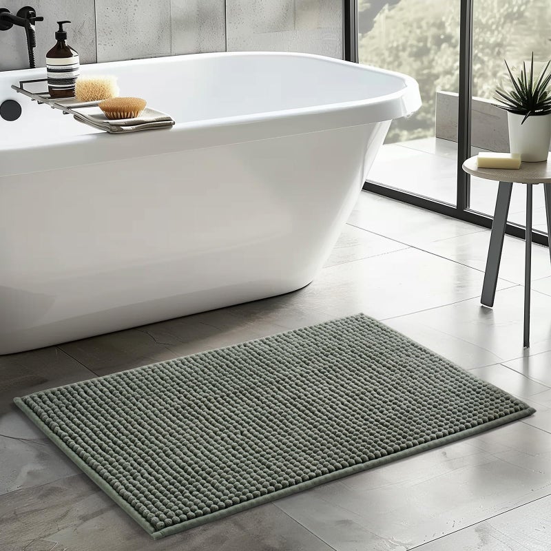 FRESHMINT Thick Chunky Chenille Bathroom Rugs 24""x36""  Non Slip Bath Mat for Bathroom Floor  Large Soft Bathroom Decor Accessories  Cute Shower Mat Water Absorbent  Washable  Sage Green - Image 1