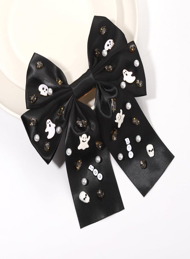 Boderier Halloween Hair Bows for Women Girls Beaded Ghost BOO Hair Bow Clips Big Jeweled Crystal Satin Bow Barrette Hair Clip Halloween Hair Accessories for Women Ghost Boo-Black - Image 2