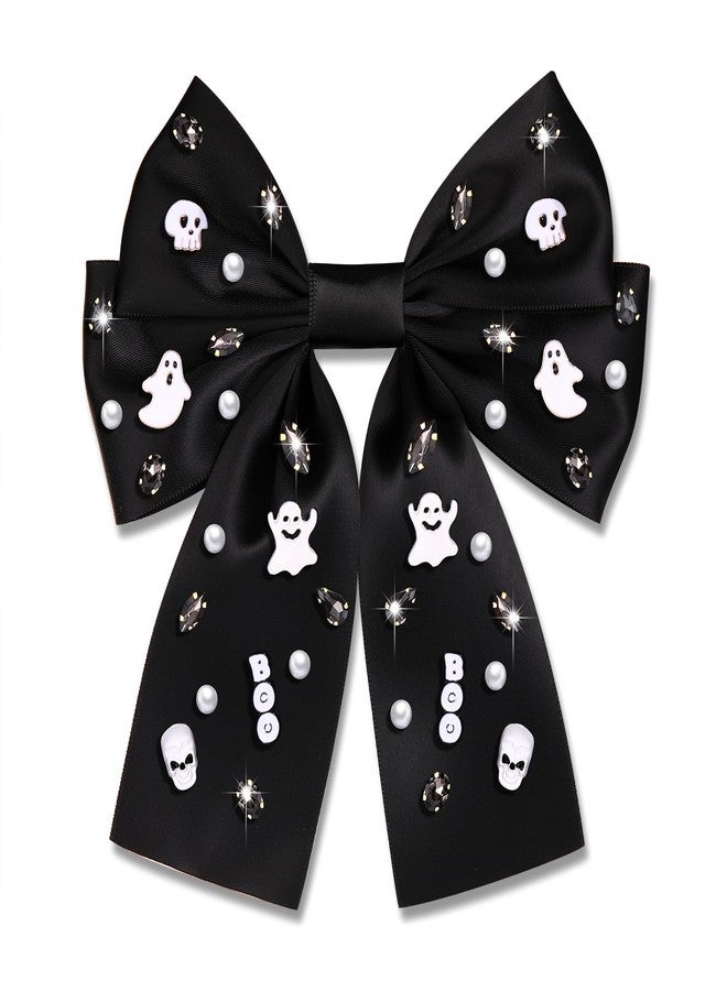 Boderier Halloween Hair Bows for Women Girls Beaded Ghost BOO Hair Bow Clips Big Jeweled Crystal Satin Bow Barrette Hair Clip Halloween Hair Accessories for Women Ghost Boo-Black - Image 1