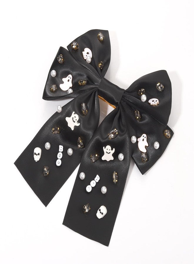 Boderier Halloween Hair Bows for Women Girls Beaded Ghost BOO Hair Bow Clips Big Jeweled Crystal Satin Bow Barrette Hair Clip Halloween Hair Accessories for Women Ghost Boo-Black - Image 3
