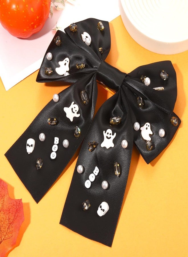 Boderier Halloween Hair Bows for Women Girls Beaded Ghost BOO Hair Bow Clips Big Jeweled Crystal Satin Bow Barrette Hair Clip Halloween Hair Accessories for Women Ghost Boo-Black - Image 4