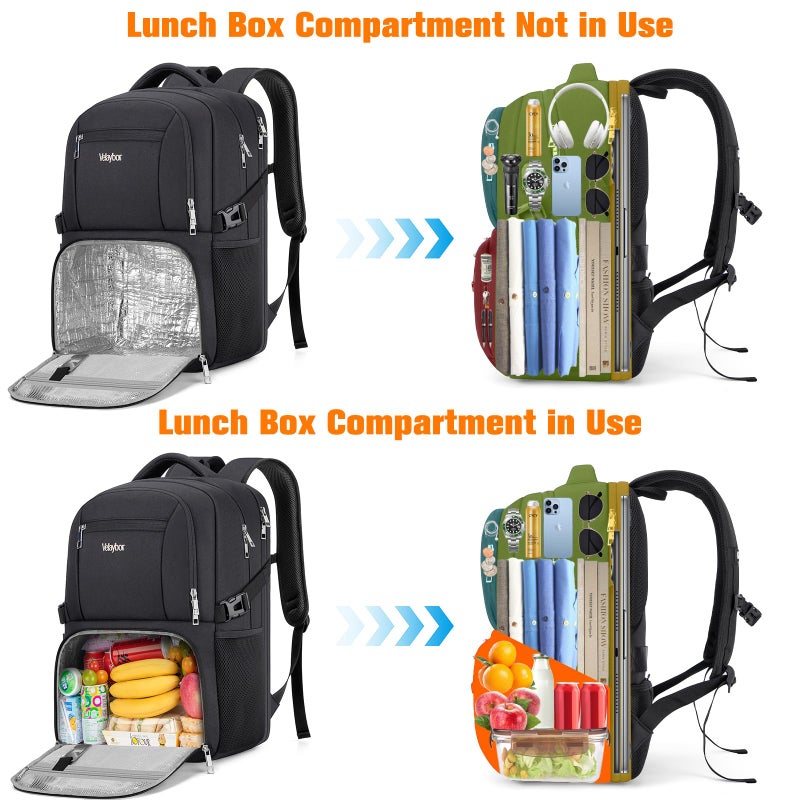 Velaybor Insulated Lunch Backpack Fit 17" Laptop, Work Backpack with Lunch Box & USB Charging Port for Men & Women, Water Resistant College Computer Bag for Travel, Business, Hiking (Black) - Image 5