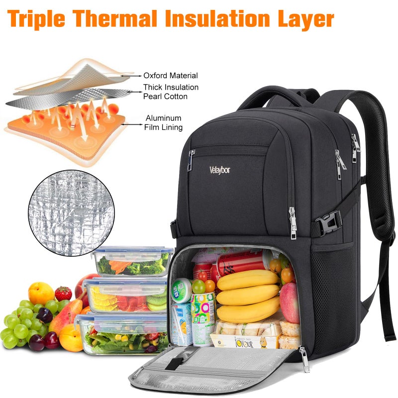 Velaybor Insulated Lunch Backpack Fit 17" Laptop, Work Backpack with Lunch Box & USB Charging Port for Men & Women, Water Resistant College Computer Bag for Travel, Business, Hiking (Black) - Image 3