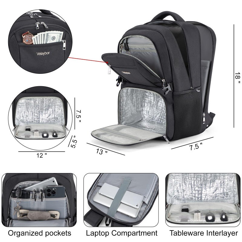 Velaybor Insulated Lunch Backpack Fit 17" Laptop, Work Backpack with Lunch Box & USB Charging Port for Men & Women, Water Resistant College Computer Bag for Travel, Business, Hiking (Black) - Image 2