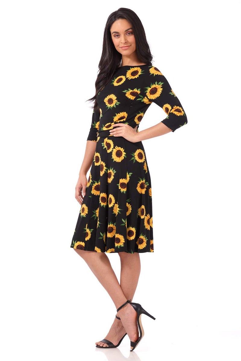 Rekucci Women's Flippy Fit N' Flare Dress with 3/4 Sleeves (12, Black/Gold Sunflowers) - Image 2
